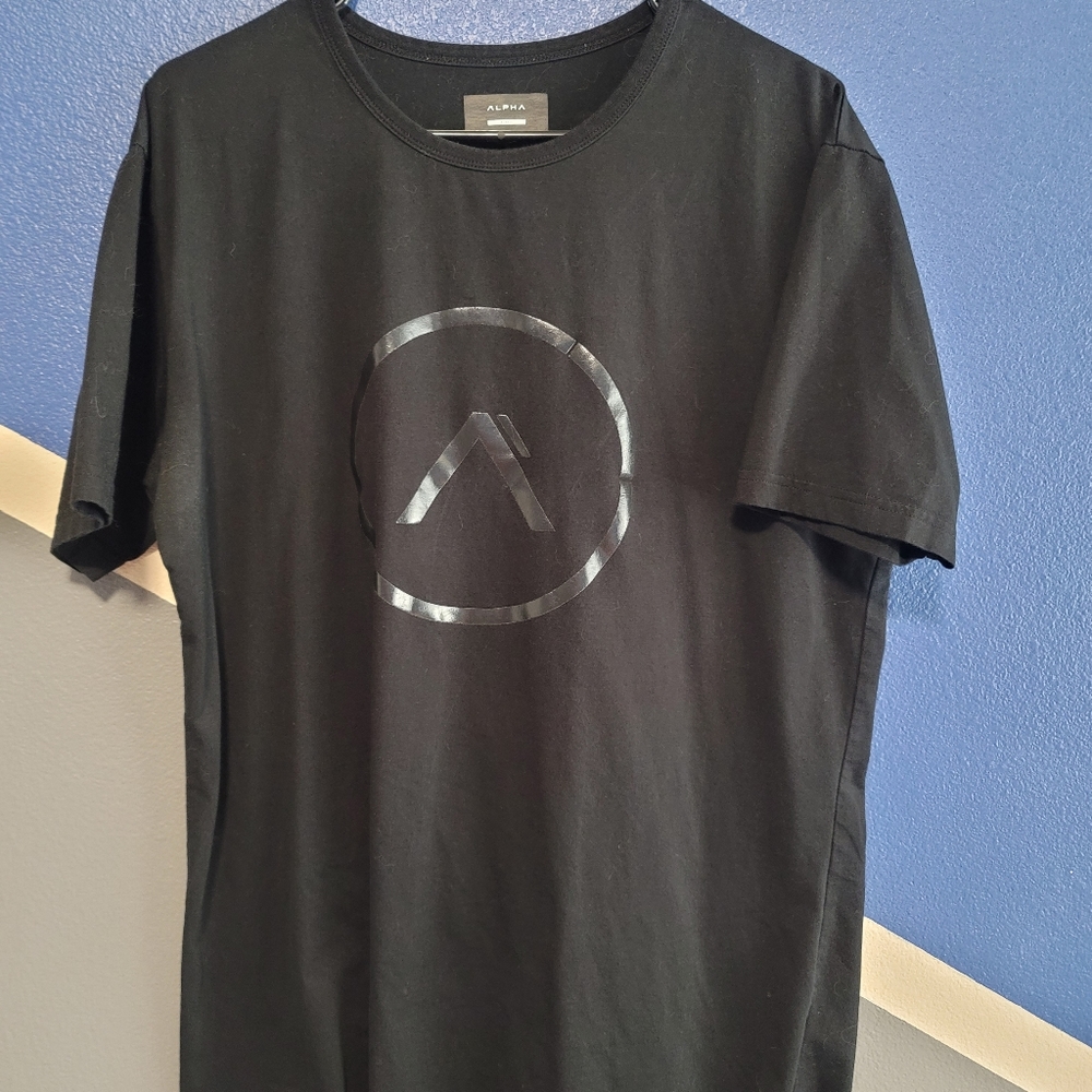 Black alpha TShirt with glossy logo and hang tag